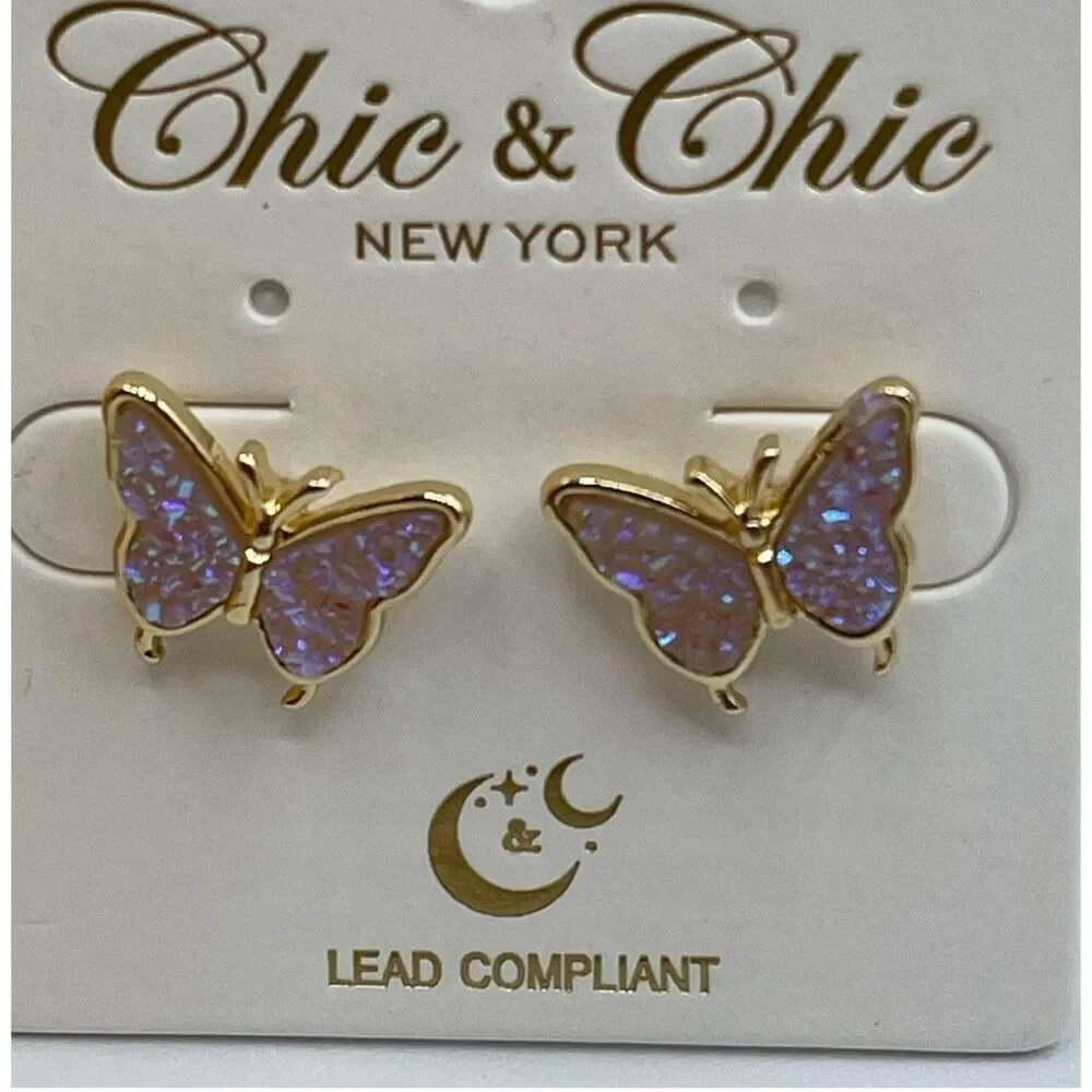 NWT Chic n Chic electric lilac druzy butterfly post style earrings